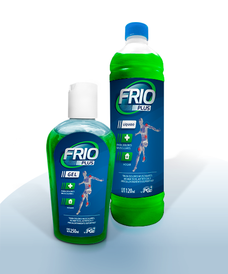 Botellas de Frio Plus líquido y frío plus en gel para prevenir dolores musculares